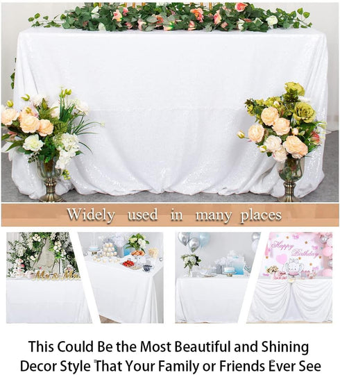 ShinyBeauty White Sequin Tablecloth, 60" x 102", Wedding Sparkle Linens, Rectangle Sequin Overlay