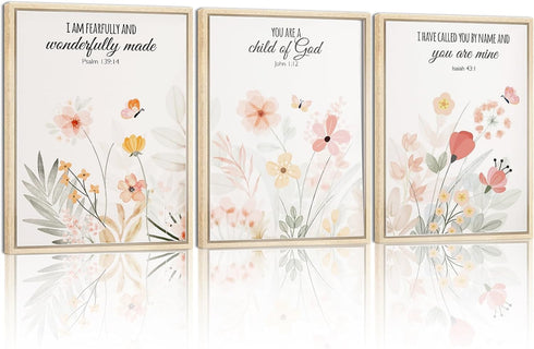 3pcs Framed Floral Wall Art Pieces, Christian Art, Bohemian Wall Decorations, Inspirational