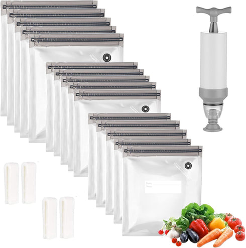 Sous Vide Bags: 20 Pack Reusable Vacuum Food Storage Bags with 1 Hand Pump and 4 Sealing Clips (Gray Kit)
