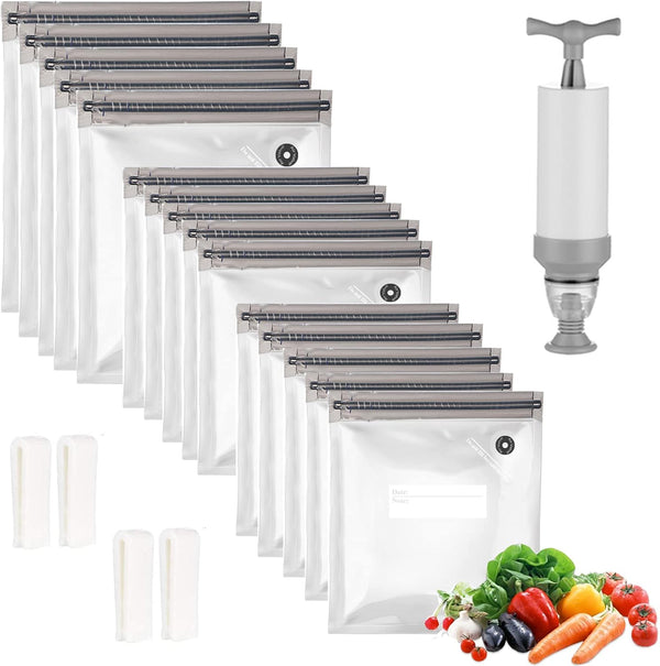 Sous Vide Bags: 20 Pack Reusable Vacuum Food Storage Bags with 1 Hand Pump and 4 Sealing Clips (Gray Kit)