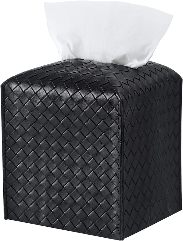 PU Leather Tissue Box Cover, Square Facial Tissue Holder for Bathroom, Vanity Countertop, and Car, Black