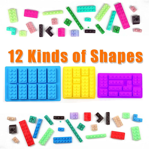 Mivofun 3 Pcs Building Block Moulds, Silicone Molds for Ice Cube Candy, 12 Shapes for Children Baking
