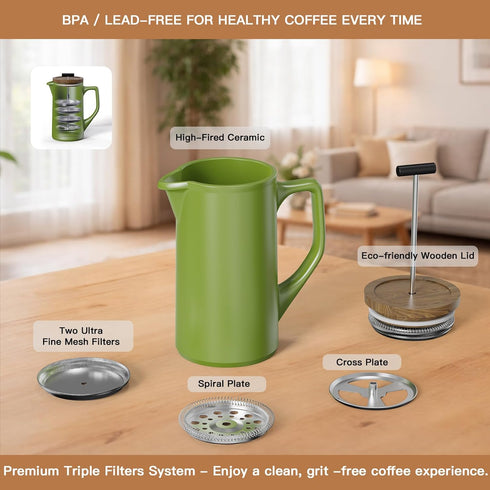 22oz DHPO Ceramic French Press Coffee Maker, Single Serve Coffee Press with Walnut Wood Lid, Lead-Free, Food Grade