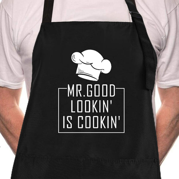 Rosoz Funny BBQ Black Chef Aprons for Men, Adjustable Kitchen Cooking Aprons with Pocket
