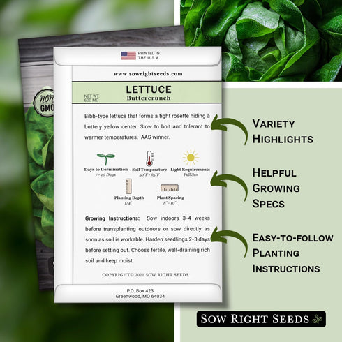 Packet (1) Sow Right Seeds - Buttercrunch Lettuce Seeds for Planting - Non-GMO Heirloom with Instructions to Plant a