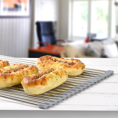 Roll Up Dish Drying Rack 20.5"x13.8" - Stainless Steel and Silicone Over The Sink Foldable Drain Rack, Gray