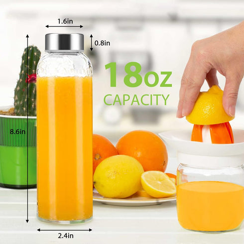 Clear Glass Bottles with Lids 18 oz, Reusable Water Bottles with Stainless Steel Cap, Set of 6