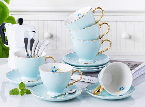 Set Set 6 (FD-TCS02 (6), 7oz) Jusalpha Fine China Tea Cup and Saucer Coffee Cup with Saucer and Spoon of blue
