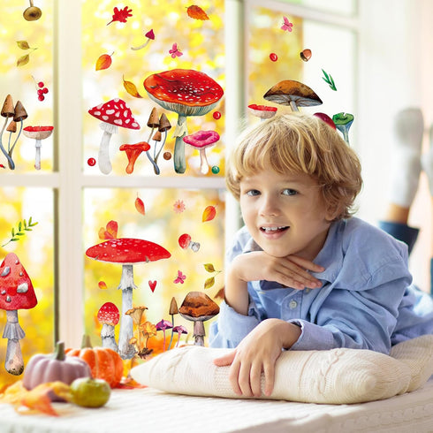 Whaline 6 Sheets Mushroom Window Clings, Watercolor Botanical Design Double-Sided Decals for Home Office