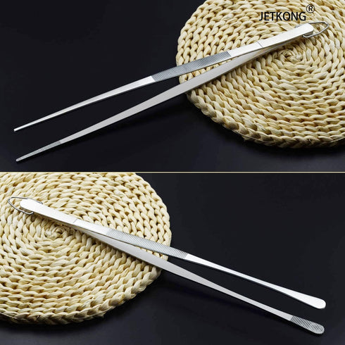 JETKONG 2 Pcs 12-Inch Extra-Long Stainless Steel Kitchen Tweezers, Fine Tweezer Tongs, Silver