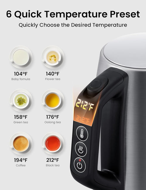 6 Presets, 1-Hr 1.7 1500W COMFEE' Stainless Steel Electric Kettle, Temperature Control with Keep Warm, Kettle Water