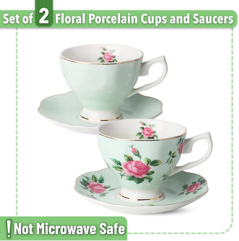 BTaT Floral Tea Cups and Saucers Set of 2, 8oz Coffee Cups with Gold Trim, British Tea Cups