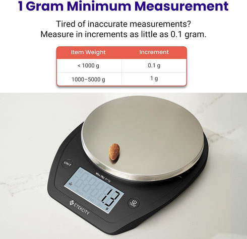 Etekcity 0.1g Food Scale, Bowl, Digital Grams and Ounces for Weight Loss, Dieting, Baking, Cooking, and Meal Prep, 11lb/5kg, Stainless Steel Black by Etekcity