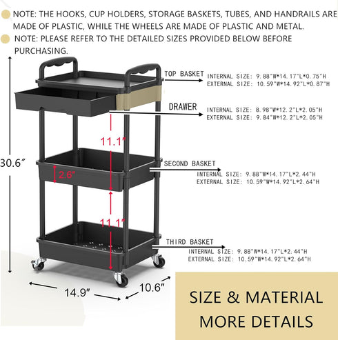 3 2 Goovilla Tier Rolling Utility Cart Organizer with Removable Drawer, Stable and Sturdy Black Rolling Storage Carts