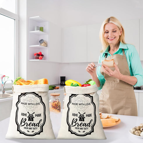 8 Pcs Large Linen Bread Bag for Homemade Bread, Reusable Drawstring Storage Bags, 12" x 15" (Stylish Style)