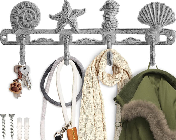 Vintage Seashell Coat Hook Hanger, Rustic Cast Iron Wall Hanger with 4 Decorative Hooks, Beach House Decor