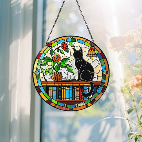 RVEAFA 9.8'', Cat Sun Catcher Stained Glass Window Hanging Book Lover Gifts for Women Book Wall Decor Handmade Sun