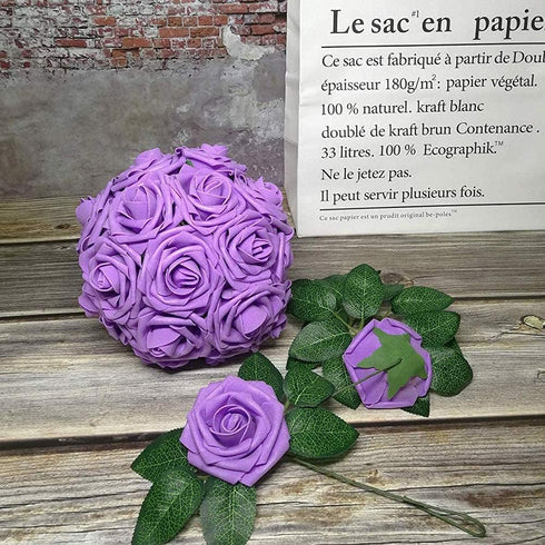 Artificial Flowers 25pcs Purple Foam Fake Roses with Stems for DIY Wedding Bouquets, White Bridal Shower Centerpieces,