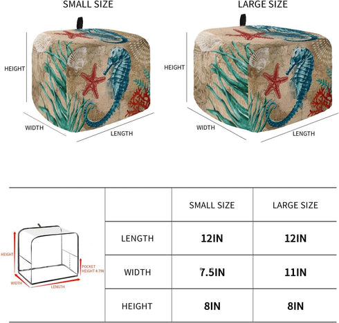 Nautical Theme Toaster Dust Cover with Pockets, Blue Seahorse and Seaweed Soft Washable Cover for 4 Slice Toaster