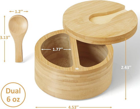 OUTNILI 2-Compartment 6 oz Salt Box with Lid and Spoon, Bamboo Salt Cellar with Swivel Lid, Salt and Pepper Bowls