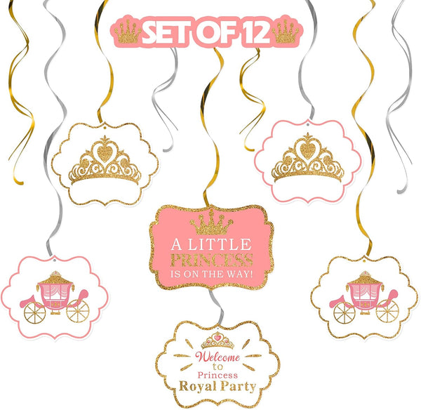 LINGTEER A Little Princess Royal Crown - 12 pcs Pink Swirls Streamers for Baby Girl Birthday Shower Decorations