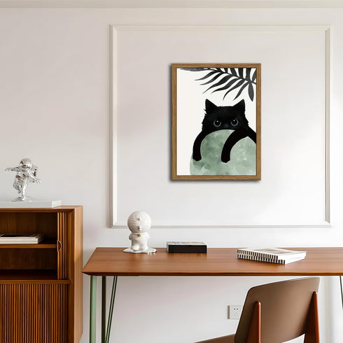 Set 3, 12x16In Framed Sage Green Cat Wall Art of Natural OAK Wood Frame Boho Cute Black Cat Wall Decor Paintings