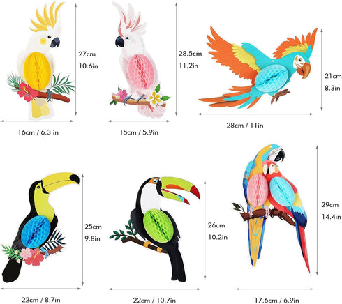 6 Pieces Tropical Parrot Birds Honeycomb Paper Cutouts - Hanging Luau Party Decorations for Summer Events
