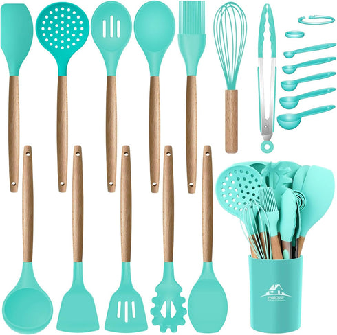 MIBOTE 17 Pcs Silicone Cooking Utensils Set with Holder, BPA Free Wooden Handles for Nonstick Cookware, Teal
