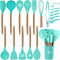 MIBOTE 17 Pcs Silicone Cooking Utensils Set with Holder, BPA Free Wooden Handles for Nonstick Cookware, Teal