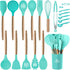 MIBOTE 17 Pcs Silicone Cooking Utensils Set with Holder, BPA Free Wooden Handles for Nonstick Cookware, Teal