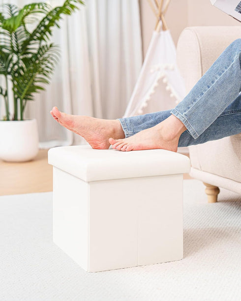 16.5"x12.6"x12.6" B FSOBEIIALEO Folding Storage Ottoman, Faux Leather Footrest Seat Coffee Table Toy Chest Kids, White