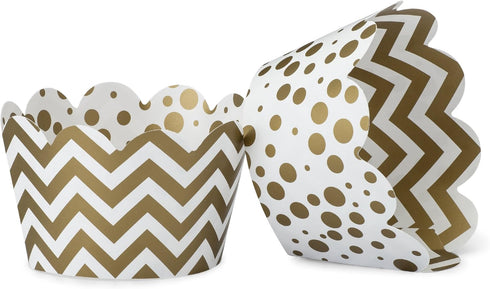 Set of 24 Gold and White Cupcake Wrappers - Reversible Cup Cake Holder Wraps with Dots, Chevrons for Parties