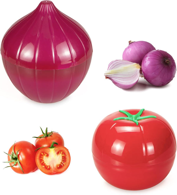 Vegetable and Fruit Storage Containers for Refrigerator, Pack of 2 Tomato and Onion Shaped Food Storage with Lids