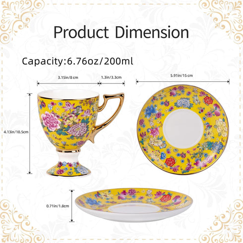 KAMMAK Set 2, 7oz (622N) Tea Cups and Saucers of Porcelain Coffee Cups, Stackable Espresso Mugs, Ceramic Demitasse