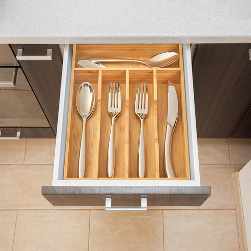 Umilife Bamboo Kitchen Drawer Organizer - 9 Inch Silverware Tray Holder for Small Drawers, Wood Caddy for Flatware
