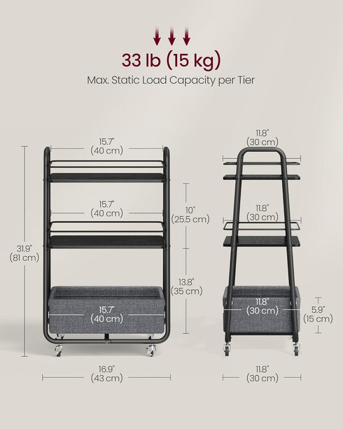 3-Tier ULRC001BE02 VASAGLE LILEA Collection - Storage Cart with Fabric Basket, Rolling Utility Cart with Wheels