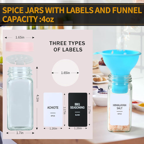 GMAMXD 36 Set, 4oz 492 1 Glass Spice Jars with Labels, Spice Jar Seasoning Containers, Spice Containers with Pink