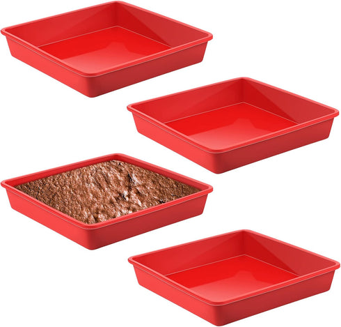 Set of 4 Red Silicone Square Cake Pan, Nonstick Brownie Pan for Muffin, Bread, Rice Crispy, Lasagna, Pie