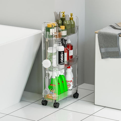3 Tier Slim Rolling Storage Cart with Wheels for Small Space,Clear Modern Design Slim Utility Cart Suitable as Bathroom