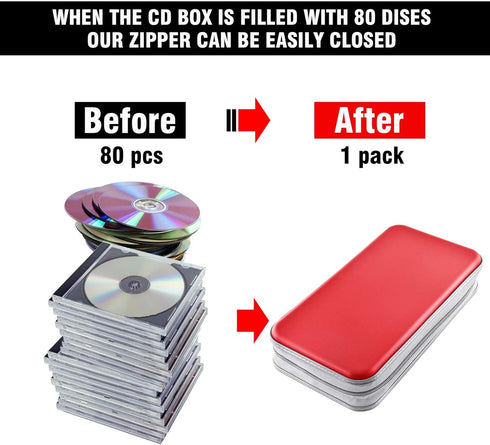 CD Case Wallet, 80 Capacity DVD VCD Media Blu-ray Holder, Storage Organizer, Red