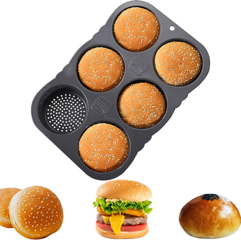 Silicone Hamburger Bun Mold, 6 Cavity Loaf Pan, Non Stick Baking Tool for Easy Release Household Baking