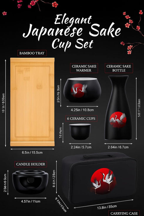 LOONCREST Set 6 1 1 Set Japanese Sake Cup with Ceramic Cups, Ceramic Sake Bottle, Ceramic Sake Warmer, Bamboo Tray