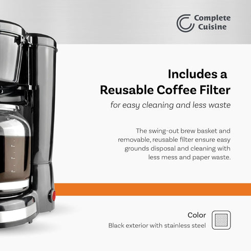 CC-1203-12C 12-Cup Coffee Maker, Stainless-Steel with Glass Pot Carafe and Reusable Filter