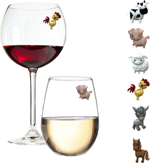 Set of 6 Barnyard Animal Wine Charms – Magnetic Glass Markers and Identifiers