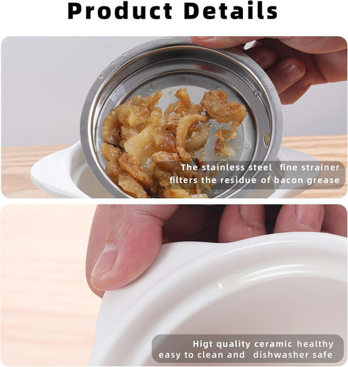 17oz, ONTUBE Ceramic Bacon Grease Container Keeper with Strainer, Frying Oil Storage Can White