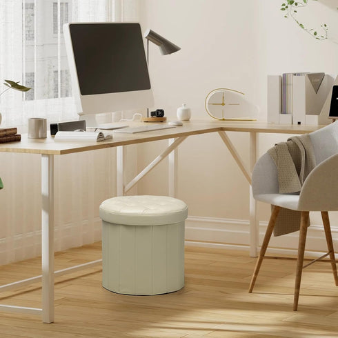 14" 14" 13"Inch, Bsketa Folding Storage Ottoman Round x x Foot Stool with Thicker Foam Padded Seat Small Leather