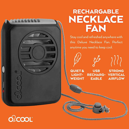 O2COOL Portable Neck Personal Travel USB Battery Powered Adjustable Lanyard Cooling Fan (Black)