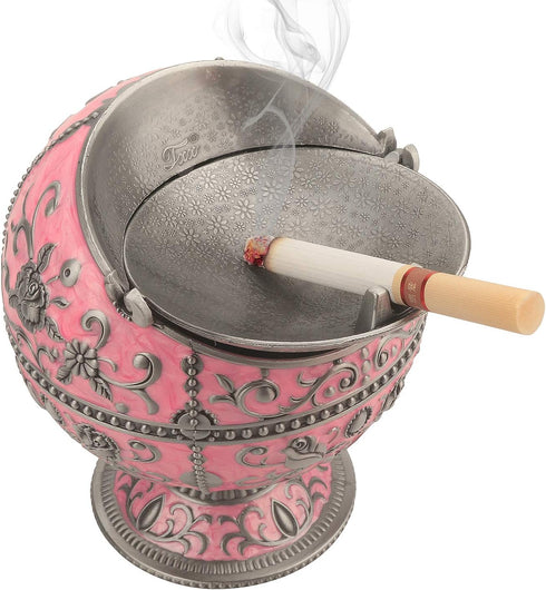 Windproof Ashtray with Lid for Cigarettes, Portable Metal Cigar Ashtray with Hand Stamped Rose Pattern