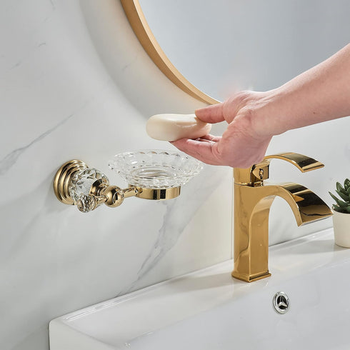 WOLIBEER Crystal Soap Dish Holder, Polished Gold Shower Soap Holder Stainless Steel Soap Saver Tray for Bathroom Wall