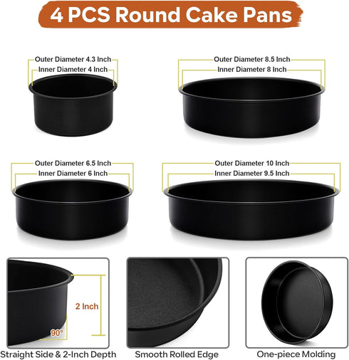 P&P CHEF Cake Pan Set of 4 (4 + 6 + 8 + 9.5 Inch), Nonstick Round Baking Pans for Layer Cake, Perfect for Birthday Weeding Christmas, Stainless Steel Core & One-piece Design, Oven & Pot Safe